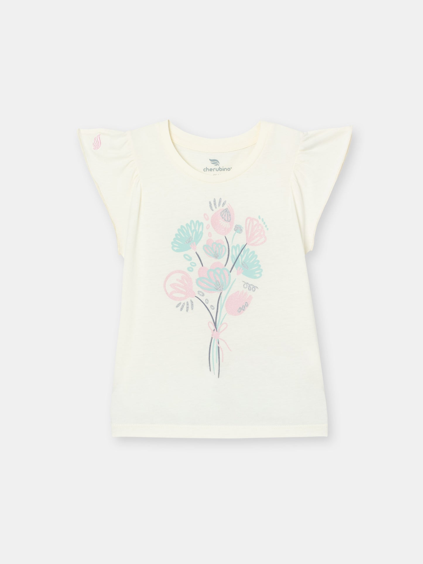 Cherubino Girls' Flutter Sleeve Floral Bouquet Tee in Ecru