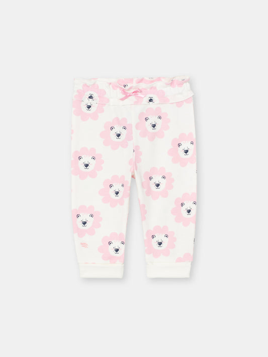 Ruffle Waistband Pants with Adjustable Cuffs in (Floral Lion) Pattern - White