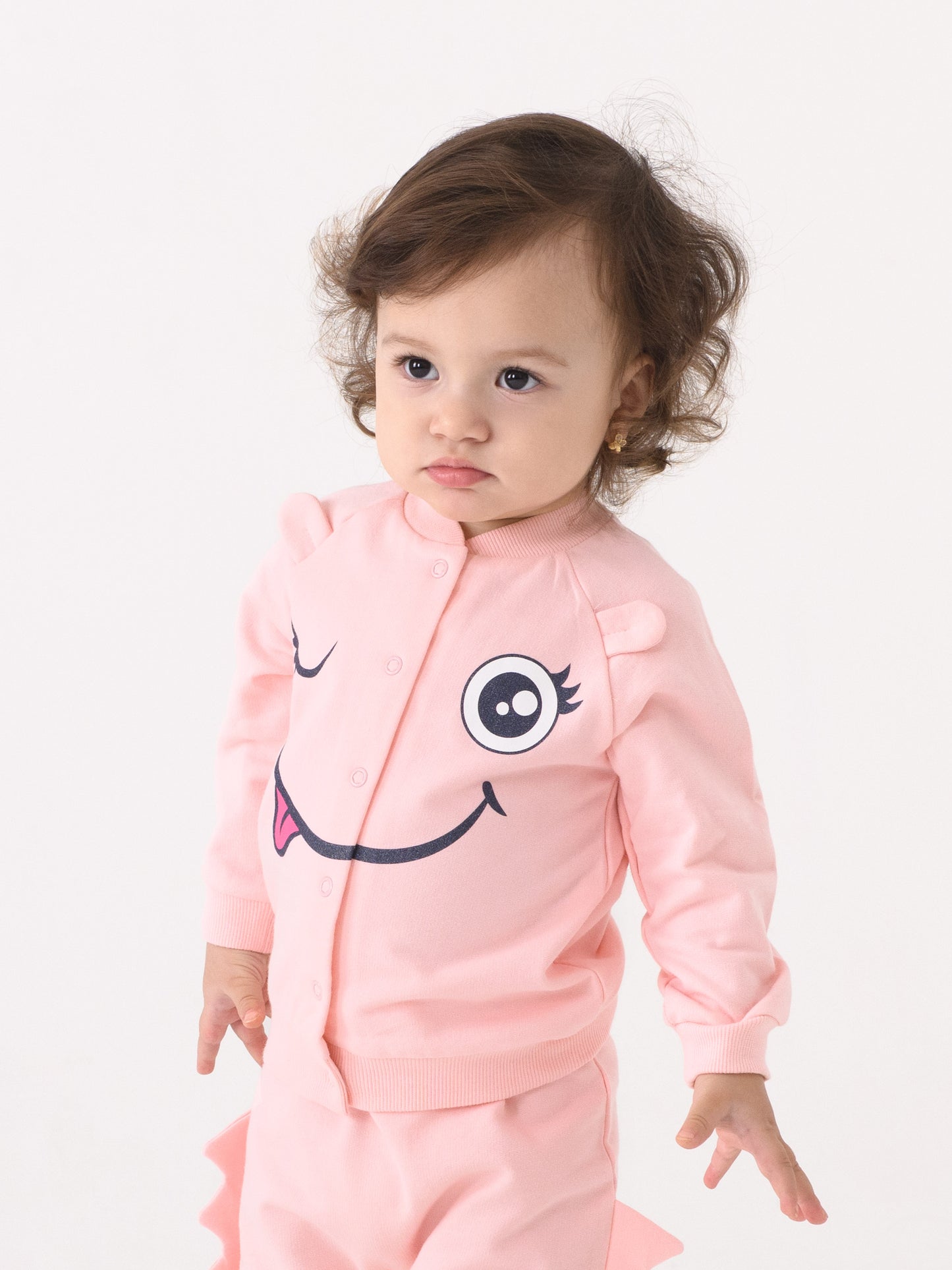 Bomber Jacket with Monster Face Graphic - Pink